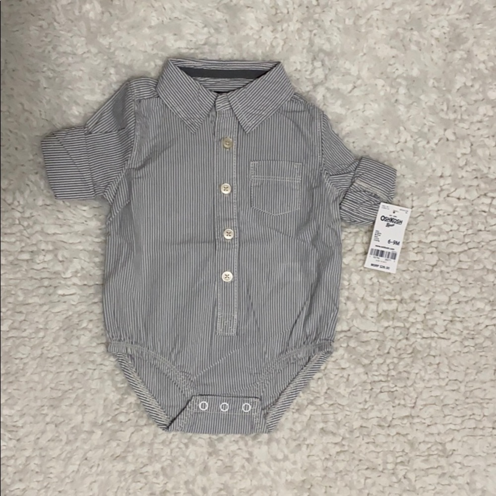 Osh Kosh boy’s gray & white striped bodysuit.